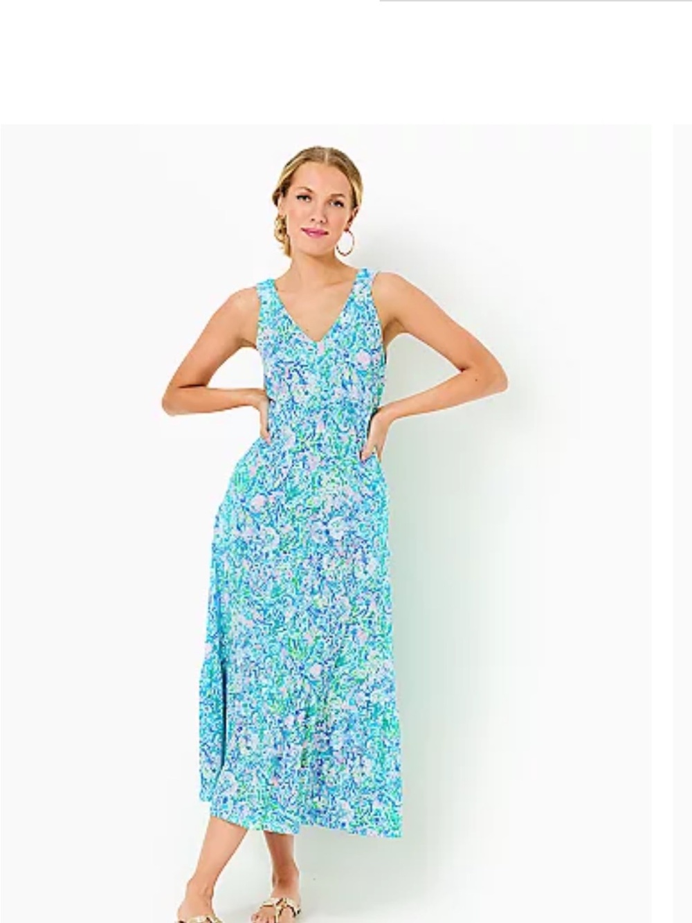 Like New Lilly Pulitzer Blue and Green Floral V-Neck Maxi Dress